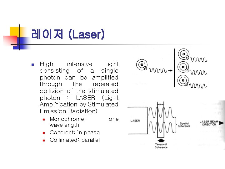 레이저 (Laser) n High intensive light consisting of a single photon can be amplified
