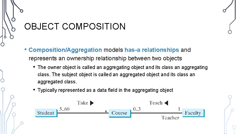 OBJECT COMPOSITION • Composition/Aggregation models has-a relationships and represents an ownership relationship between two OBJECT COMPOSITION • Composition/Aggregation models has-a relationships and represents an ownership relationship between two