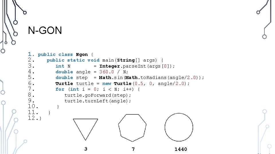 N-GON 1. public class Ngon { 2. public static void main(String[] args) { 3.