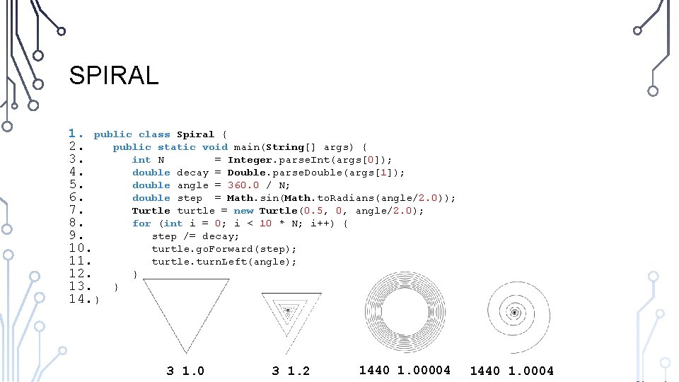 SPIRAL 1. public class Spiral { 2. public static void main(String[] args) { 3.