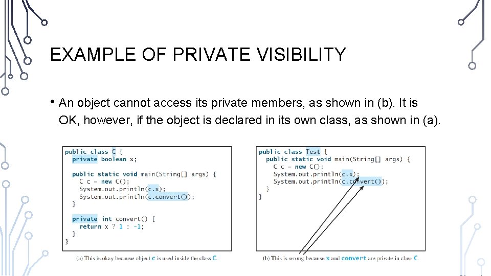 EXAMPLE OF PRIVATE VISIBILITY • An object cannot access its private members, as shown