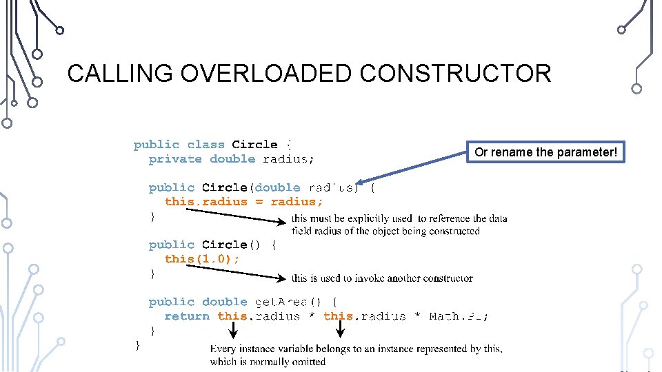 CALLING OVERLOADED CONSTRUCTOR Or rename the parameter!  CALLING OVERLOADED CONSTRUCTOR Or rename the parameter!