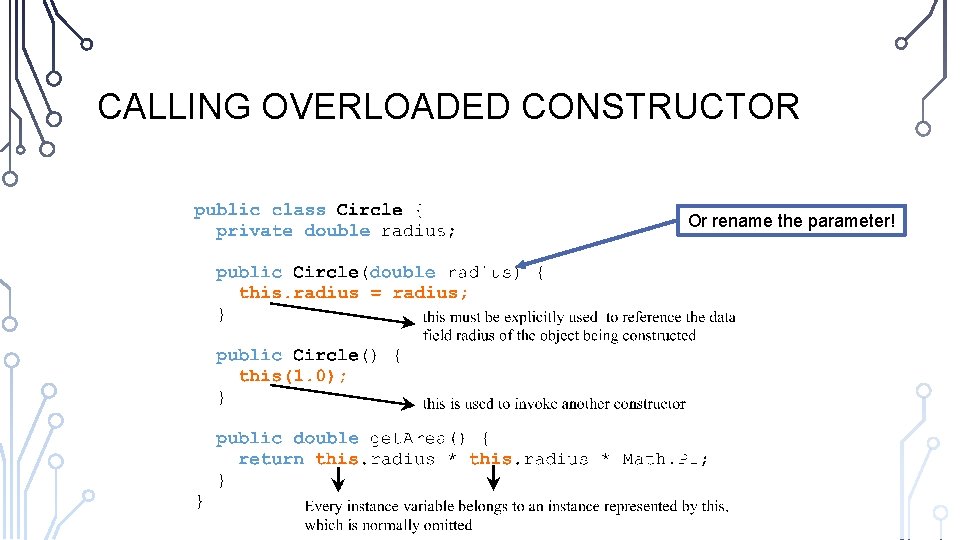 CALLING OVERLOADED CONSTRUCTOR Or rename the parameter! 