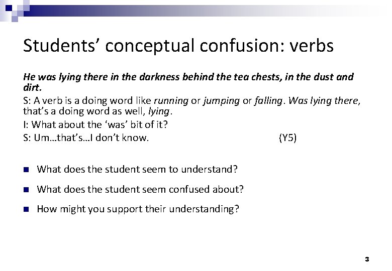 Students’ conceptual confusion: verbs He was lying there in the darkness behind the tea