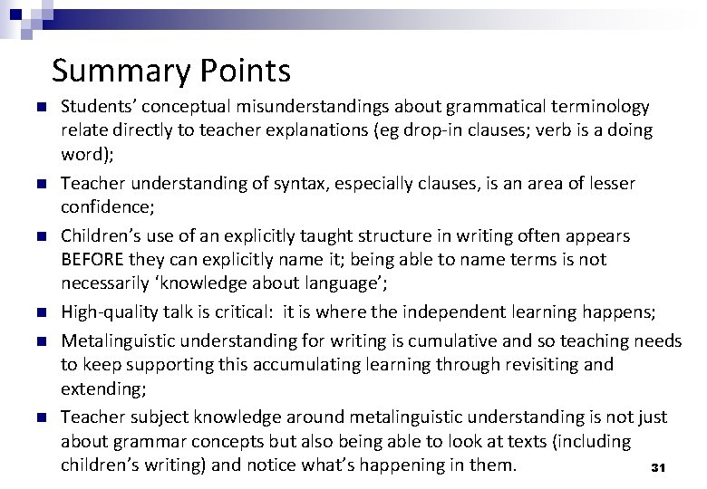 Summary Points Students’ conceptual misunderstandings about grammatical terminology relate directly to teacher explanations (eg