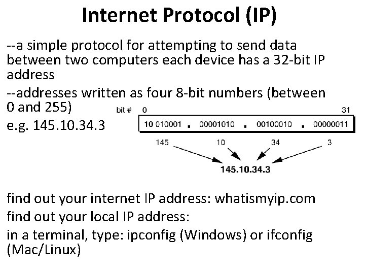 Internet Protocol (IP) --a simple protocol for attempting to send data between two computers