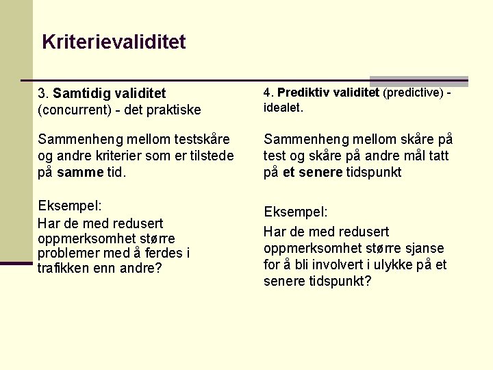 Kriterievaliditet 3. Samtidig validitet (concurrent) - det praktiske 4. Prediktiv validitet (predictive) idealet. Sammenheng