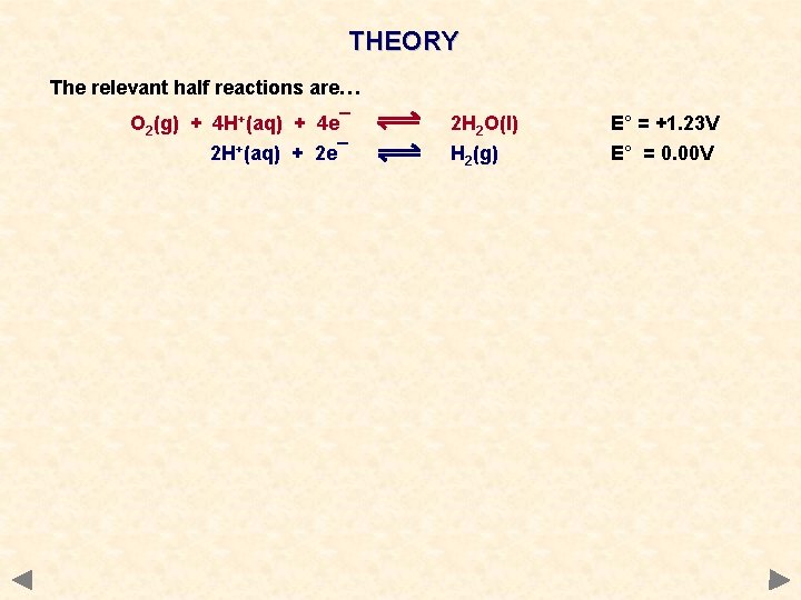 THEORY The relevant half reactions are… O 2(g) + 4 H+(aq) + 4 e¯