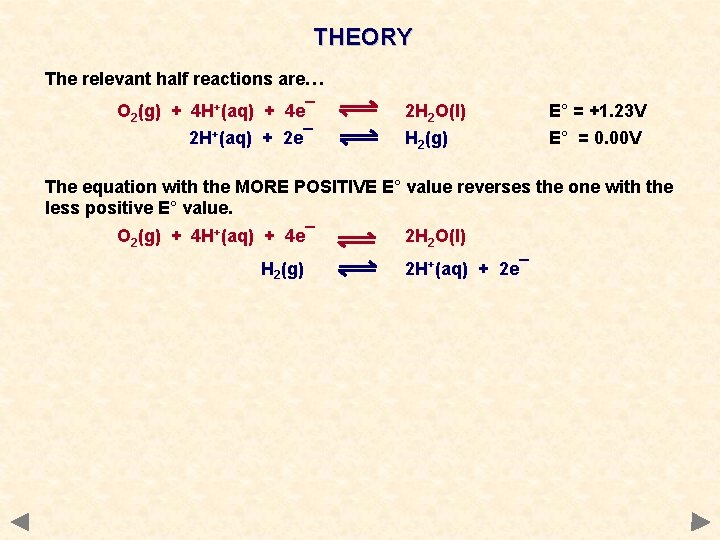 THEORY The relevant half reactions are… O 2(g) + 4 H+(aq) + 4 e¯