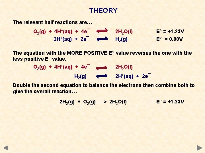 THEORY The relevant half reactions are… O 2(g) + 4 H+(aq) + 4 e¯