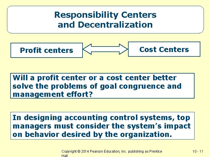 Responsibility Centers and Decentralization Profit centers Cost Centers Will a profit center or a