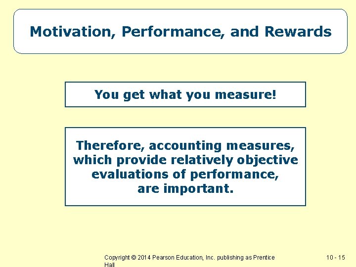 Motivation, Performance, and Rewards You get what you measure! Therefore, accounting measures, which provide