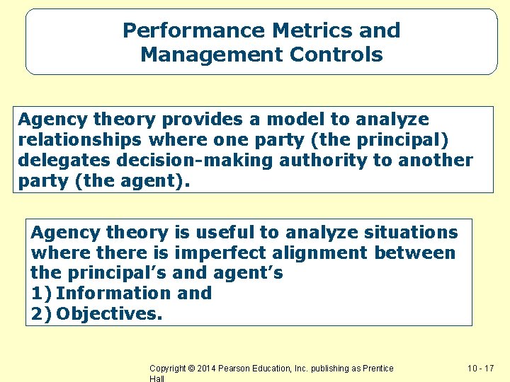 Performance Metrics and Management Controls Agency theory provides a model to analyze relationships where