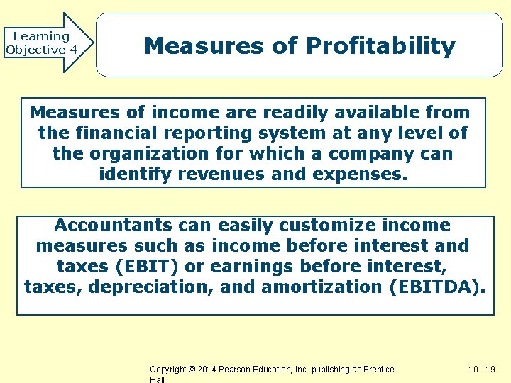 Learning Objective 4 Measures of Profitability Measures of income are readily available from the
