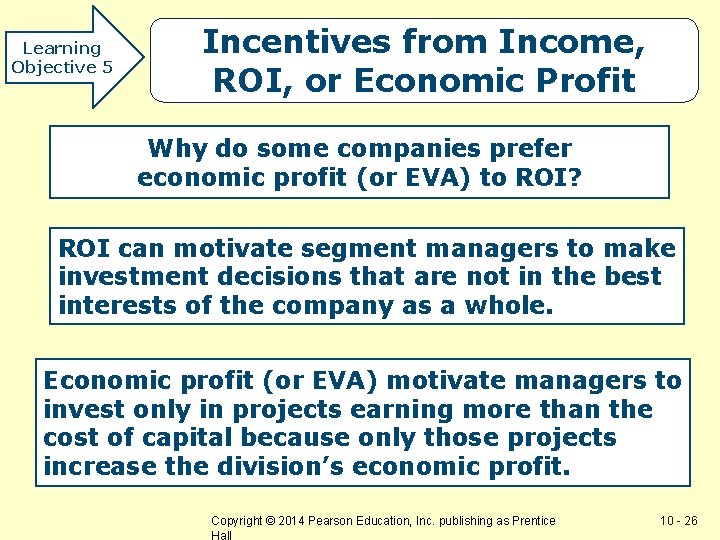 Learning Objective 5 Incentives from Income, ROI, or Economic Profit Why do some companies
