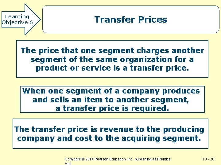 Learning Objective 6 Transfer Prices The price that one segment charges another segment of