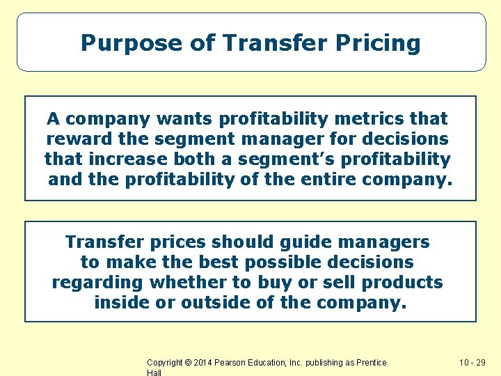 Purpose of Transfer Pricing A company wants profitability metrics that reward the segment manager