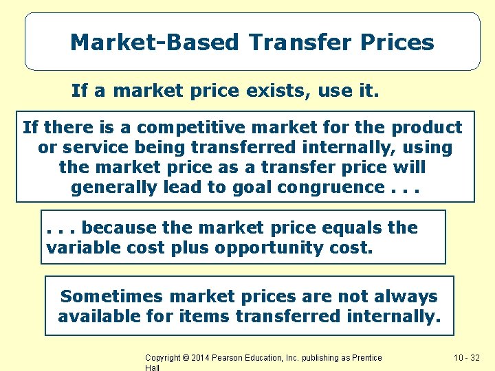 Market-Based Transfer Prices If a market price exists, use it. If there is a