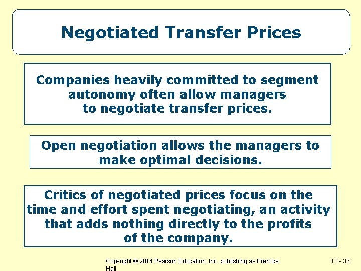 Negotiated Transfer Prices Companies heavily committed to segment autonomy often allow managers to negotiate