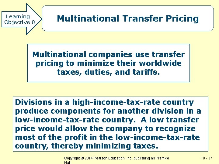 Learning Objective 8 Multinational Transfer Pricing Multinational companies use transfer pricing to minimize their
