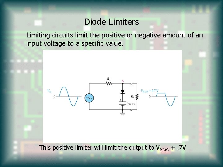 Diode Limiters Limiting circuits limit the positive or negative amount of an input voltage