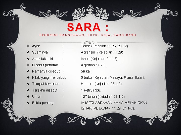 SARA : SEORANG BANGSAWAN, PUTRI RAJA, SANG RATU v Ayah : Terah (Kejadian 11: