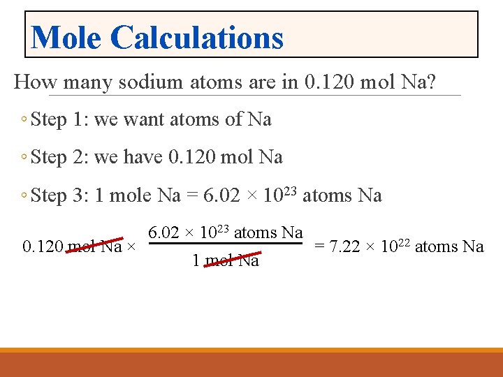 Mole Calculations How many sodium atoms are in 0. 120 mol Na? ◦ Step