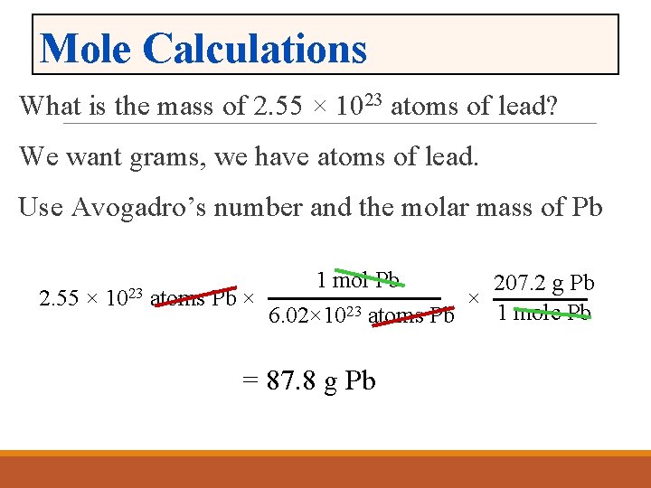 Mole Calculations What is the mass of 2. 55 × 1023 atoms of lead?