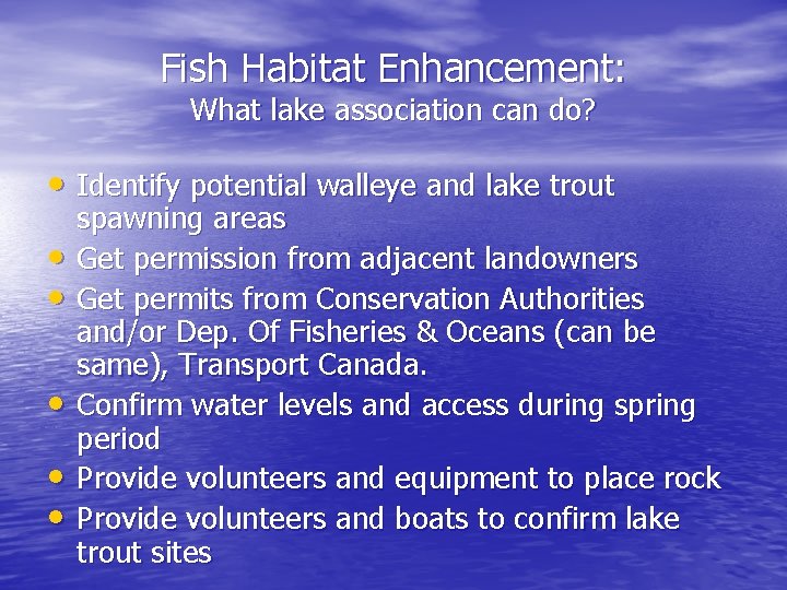 Fish Habitat Enhancement: What lake association can do? • Identify potential walleye and lake