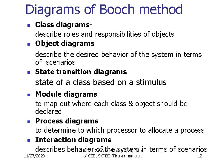 Diagrams of Booch method n Class diagramsdescribe roles and responsibilities of objects Object diagrams Diagrams of Booch method n Class diagramsdescribe roles and responsibilities of objects Object diagrams