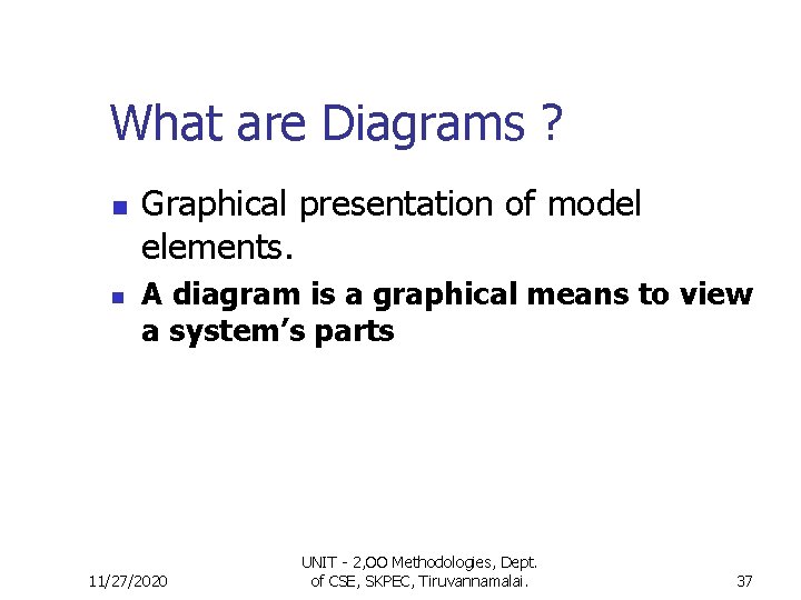 What are Diagrams ? n n Graphical presentation of model elements. A diagram is
