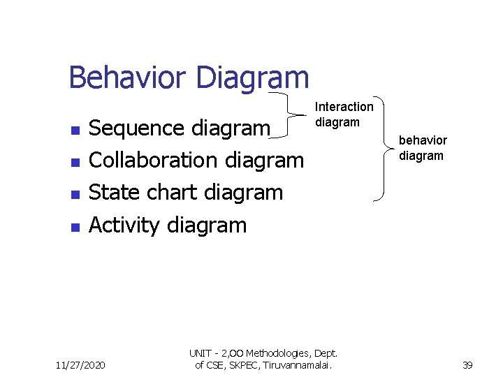 Behavior Diagram n n Sequence diagram Collaboration diagram State chart diagram Activity diagram 11/27/2020