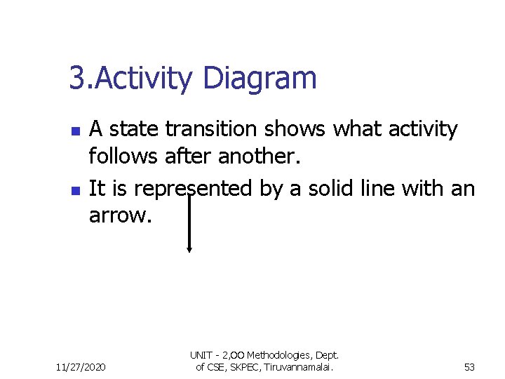 3. Activity Diagram n n A state transition shows what activity follows after another.