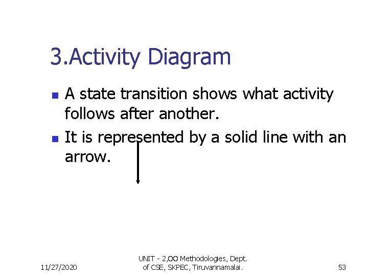 3. Activity Diagram n n A state transition shows what activity follows after another. 3. Activity Diagram n n A state transition shows what activity follows after another.