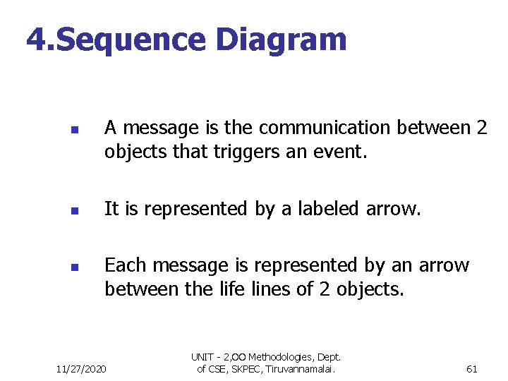 4. Sequence Diagram n n n A message is the communication between 2 objects