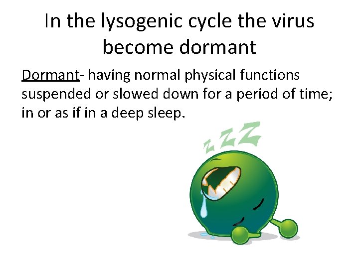 In the lysogenic cycle the virus become dormant Dormant- having normal physical functions suspended