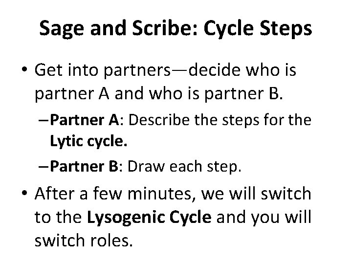 Sage and Scribe: Cycle Steps • Get into partners—decide who is partner A and