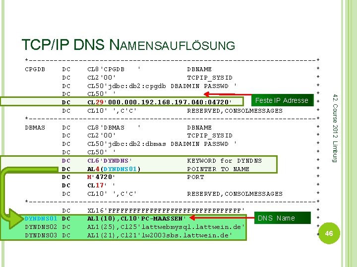 TCP/IP DNS NAMENSAUFLÖSUNG *-----------------------------------* CPGDB DC CL 8'CPGDB ' DBNAME * 42. Course 2012