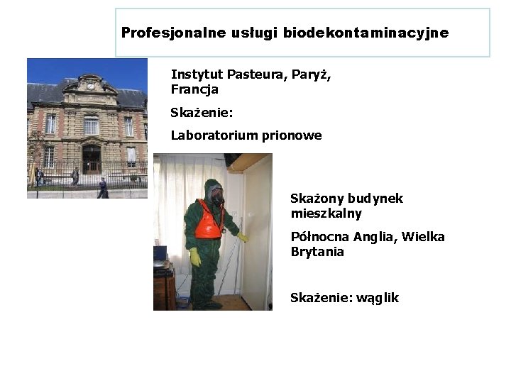 Profesjonalne usługi biodekontaminacyjne Instytut Pasteura, Paryż, Francja Skażenie: Laboratorium prionowe Skażony budynek mieszkalny Północna