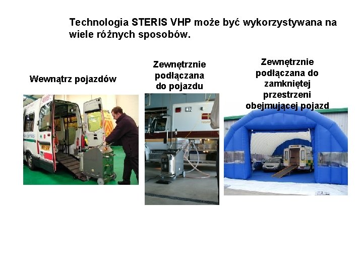 Technologia STERIS VHP może być wykorzystywana na wiele różnych sposobów. Wewnątrz pojazdów Zewnętrznie podłączana