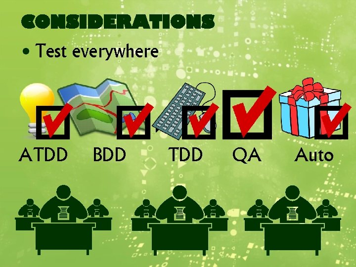 CONSIDERATIONS • Test everywhere ATDD BDD TDD QA Auto 