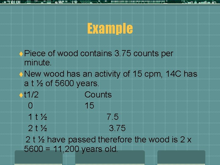 Example t Piece of wood contains 3. 75 counts per minute. t New wood