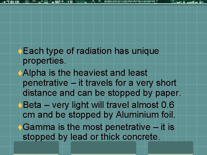 t. Each type of radiation has unique properties. t. Alpha is the heaviest and