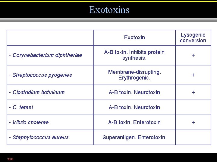 Exotoxins Exotoxin Lysogenic conversion A-B toxin. Inhibits protein synthesis. + • Streptococcus pyogenes Membrane-disrupting.