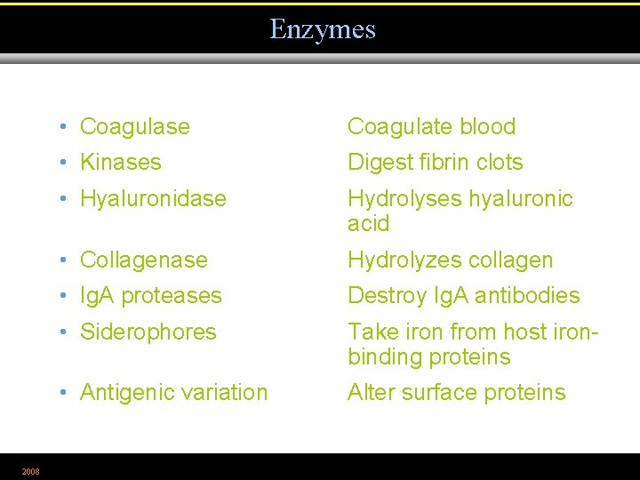 Enzymes 2008 • Coagulase Coagulate blood • Kinases Digest fibrin clots • Hyaluronidase Hydrolyses
