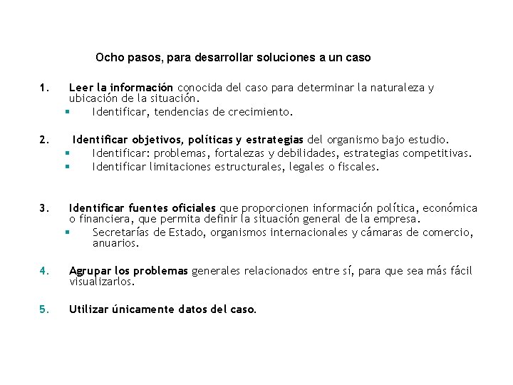 Ocho pasos, para desarrollar soluciones a un caso 1. Leer la información conocida del