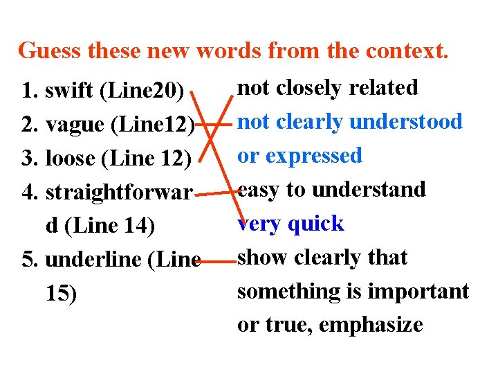 Guess these new words from the context. 1. swift (Line 20) 2. vague (Line