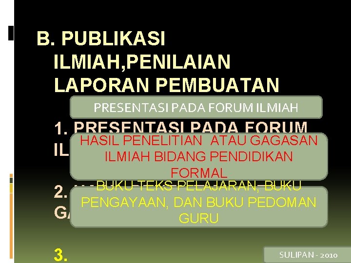 B. PUBLIKASI ILMIAH, PENILAIAN LAPORAN PEMBUATAN PRESENTASI PADA FORUM ILMIAH 1. PRESENTASI PADA FORUM