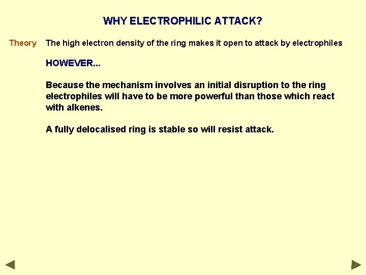 WHY ELECTROPHILIC ATTACK? Theory The high electron density of the ring makes it open WHY ELECTROPHILIC ATTACK? Theory The high electron density of the ring makes it open