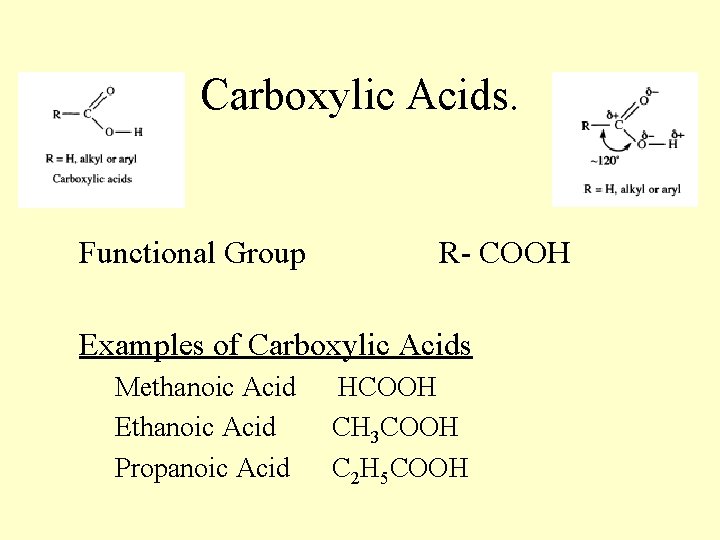 Carboxylic Acids. Functional Group R- COOH Examples of Carboxylic Acids Methanoic Acid Ethanoic Acid Carboxylic Acids. Functional Group R- COOH Examples of Carboxylic Acids Methanoic Acid Ethanoic Acid